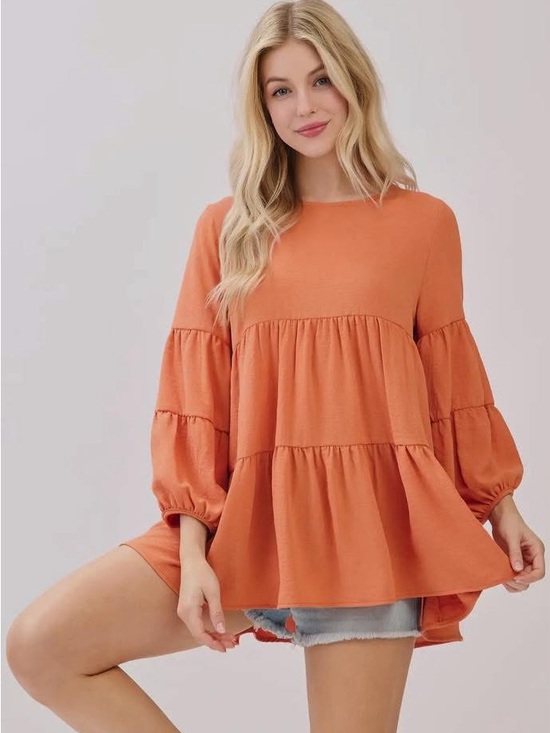 Tops - Tiered Peasant Blouse - Orange